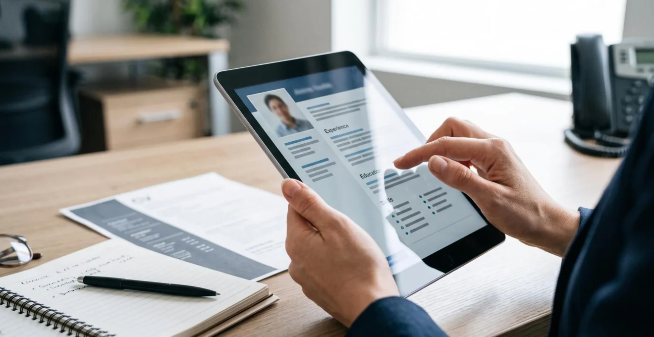Gros plan sur les mains d'un recruteur consultant le profil en ligne d'un candidat sur une tablette posée à côté d'un CV imprimé.
