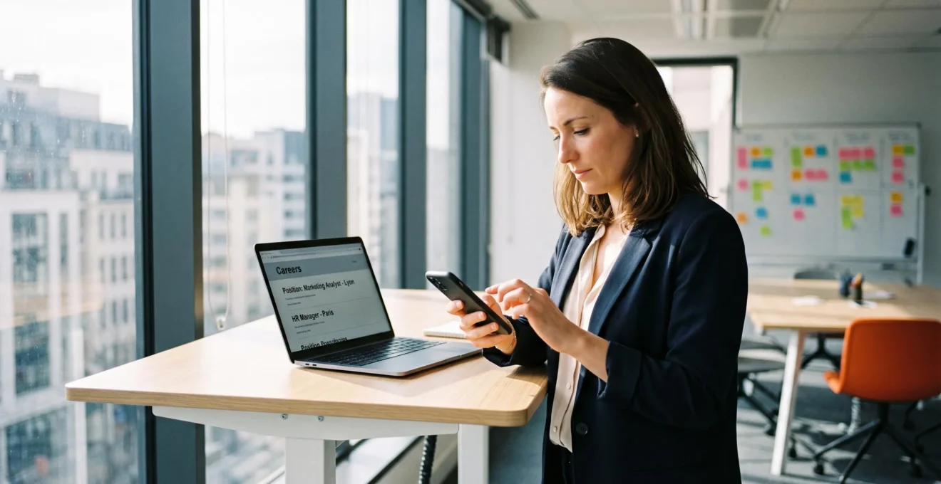 Une recruteuse rédige une annonce d'emploi sur les réseaux sociaux depuis son smartphone dans un bureau moderne et lumineux.